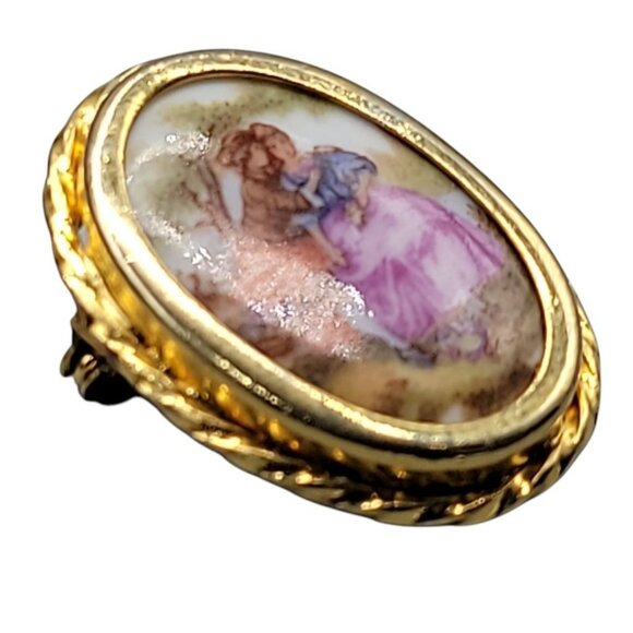 Limoges France Porcelain Brooch Antique Sisters Enamel Design Gold Tone Frame - Picture 6 of 8